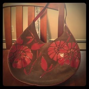 Bcbg brown suede purse with red design