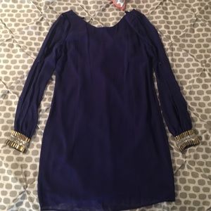Navy Blue Jeweled Cuffed Dress