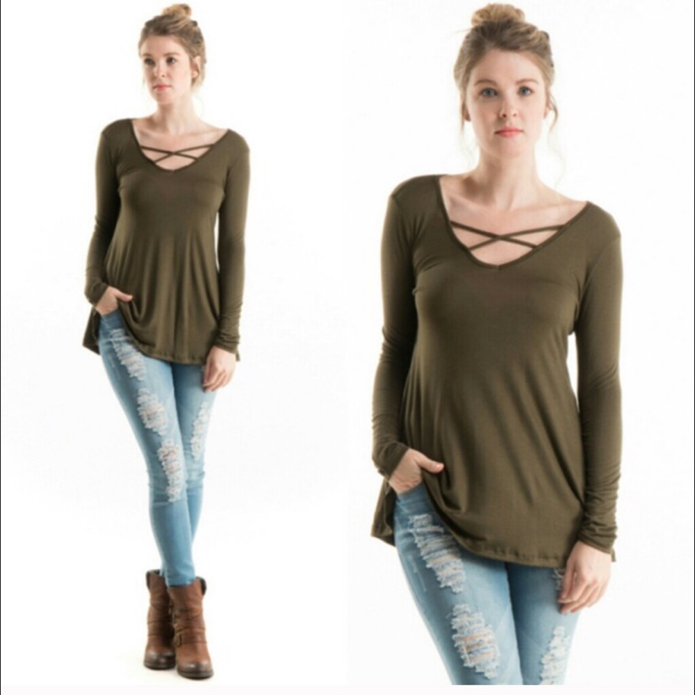 Cross front tunic in olive and navy.