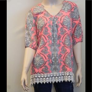 Yahada Pink Vintage Blouse w/ Floral Trimming
