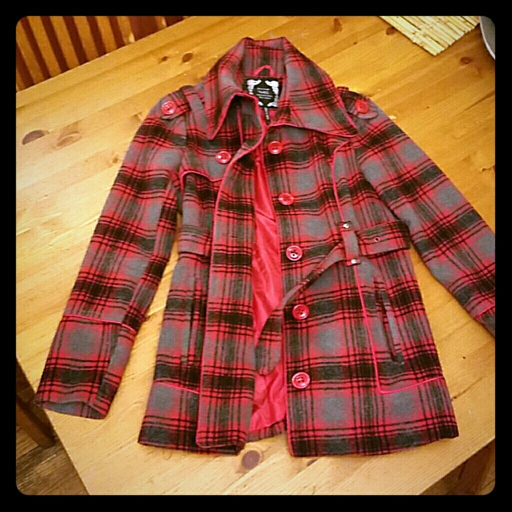 Plaid red/grey/black coat with red linning