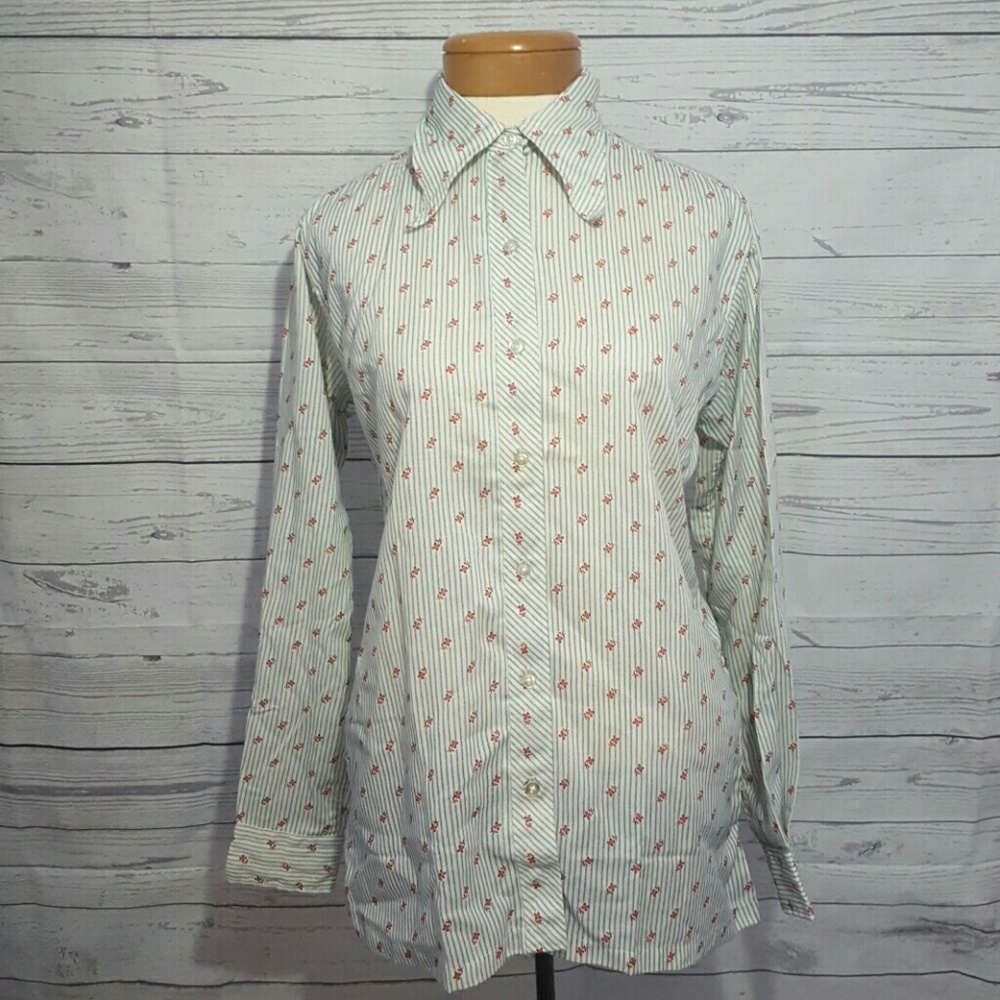 Vintage Red,White&Blue Floral Striped Button Down