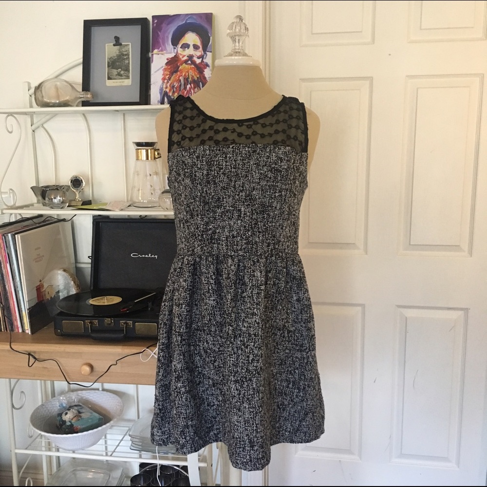 Sheer Embroidered Tweed Mini Dress Flattering
