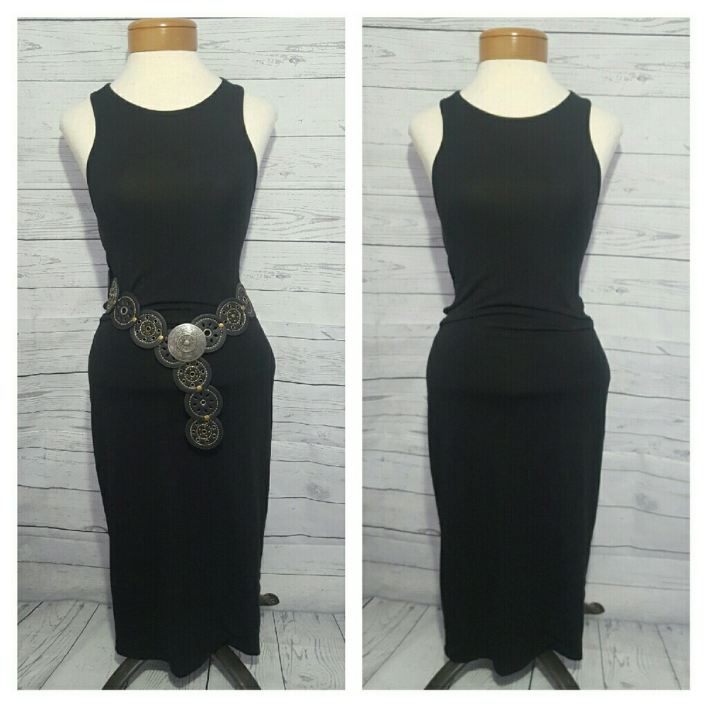 Stretchy Bodycon Black High Neck Midi Dress