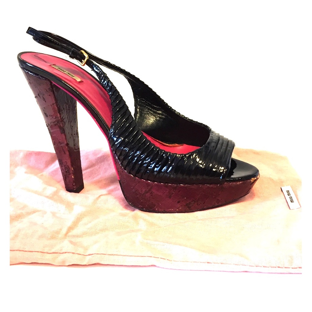 Miu Miu Black Patent Leather Peep-toe Slingbacks