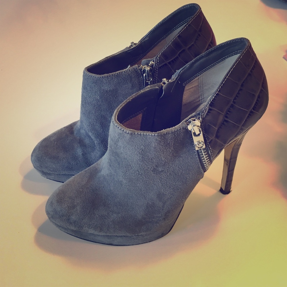 Michael Kors grey suede and snakeskin booties