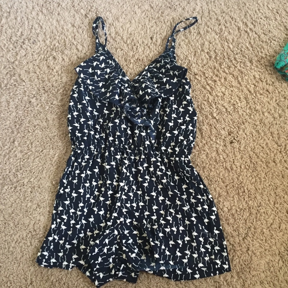 navy and white flamingo printed romper