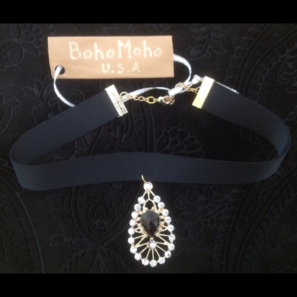 Gold and black ribbon rhinestones choker