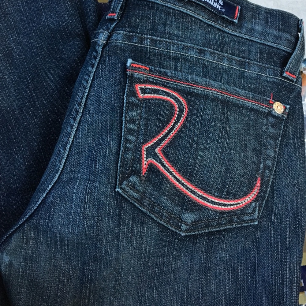 Rock & Republic red stitch dark blue gray jeans