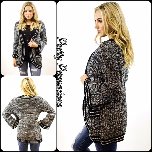 SALE Black White Striped Trim Bell Sleeve Cardigan - Picture 2 of 4