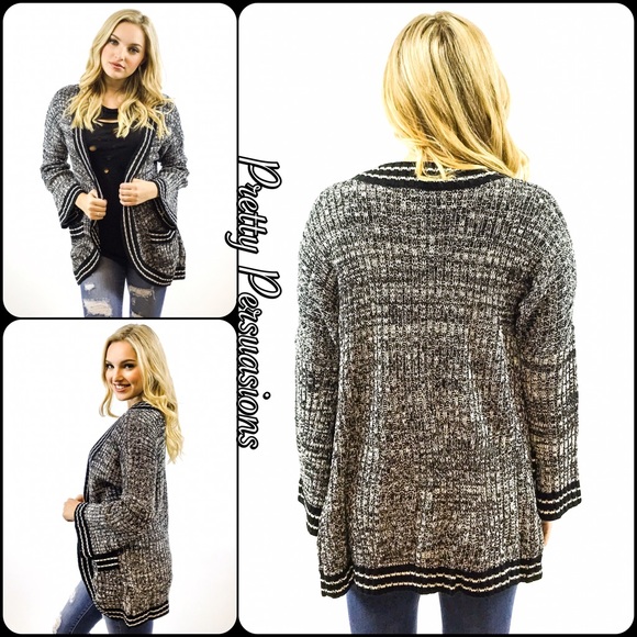 SALE Black White Striped Trim Bell Sleeve Cardigan - Picture 3 of 4