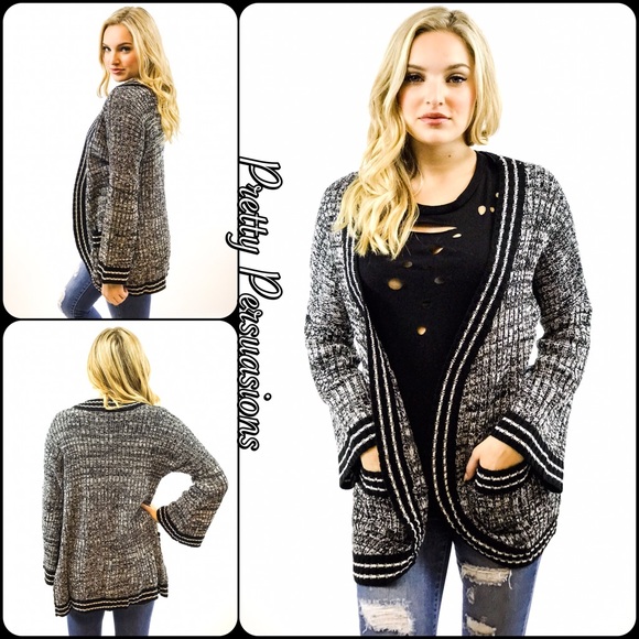 SALE Black White Striped Trim Bell Sleeve Cardigan - Picture 4 of 4