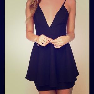 LULUS Black Peplum Plunge Deep V Dress w/ Low Back