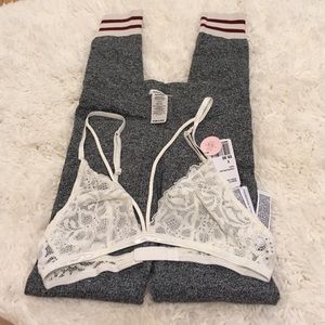 Cream color bralette and gray leggings