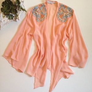 Peach Sheer Embellished Open Front Cardigan
