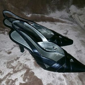 Black leather open back kitten heels