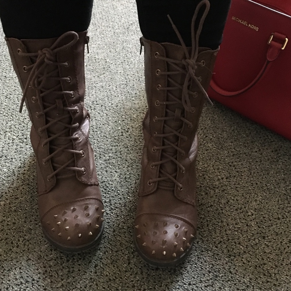 Super cute brown faux leather spiked combat boots.
