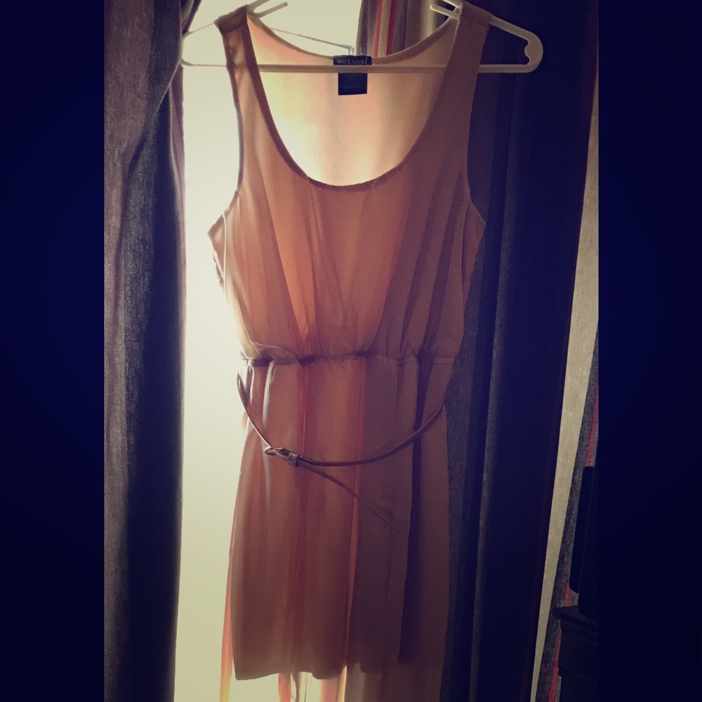 Long double front slit nude maxi dress with belt