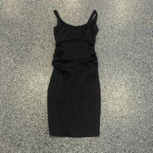 Black satin stretchy rouched little black dress