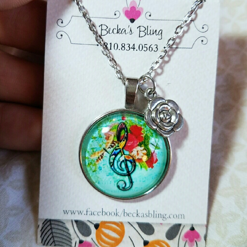 Floral music pendant w tibetian silver rose charm