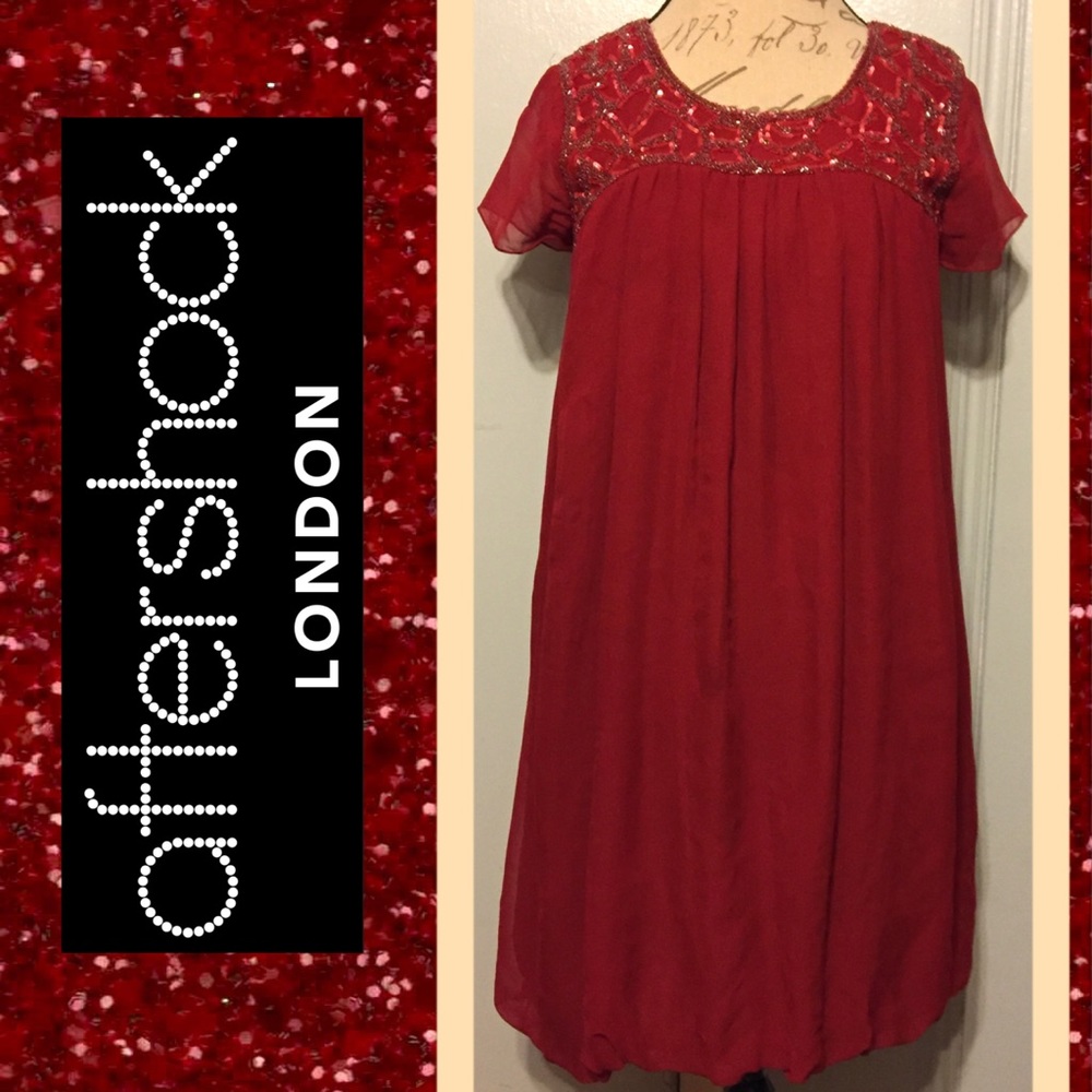 AFTERSHOCK Stunning Scarlet Red Beaded Flowers Bubble-Hem Dress