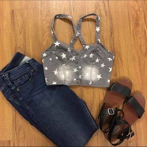 Gray Denim and White Star Crop Top