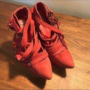Jeffrey Campbell red buckle wedges