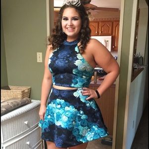 Two Piece Blue Floral Homecoming Dress