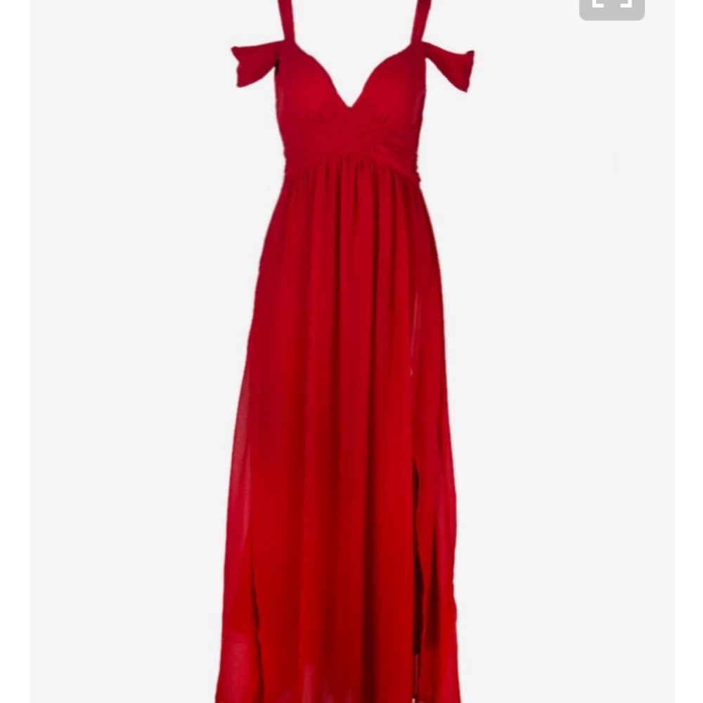 Exposed shoulder red prom dress