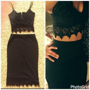 2 Piece Crop Top Midi Skirt Black Crochet Lace Set