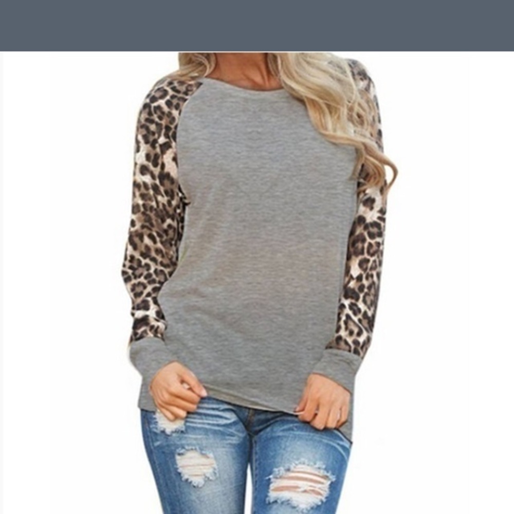 Grey top with sheer Leopard sleeves