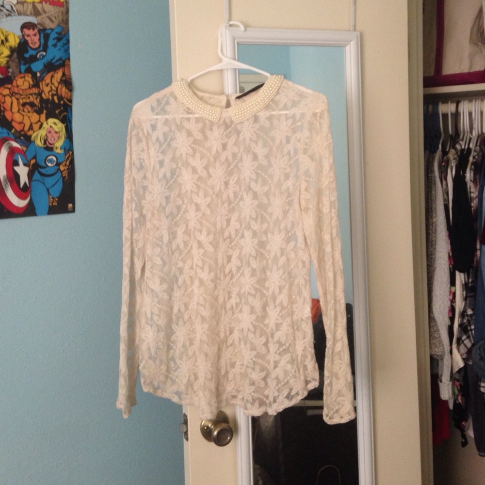 Zara embroidered lace pearl collar top