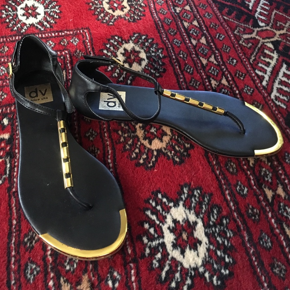 Dolce Vita black and gold flat thong sandals