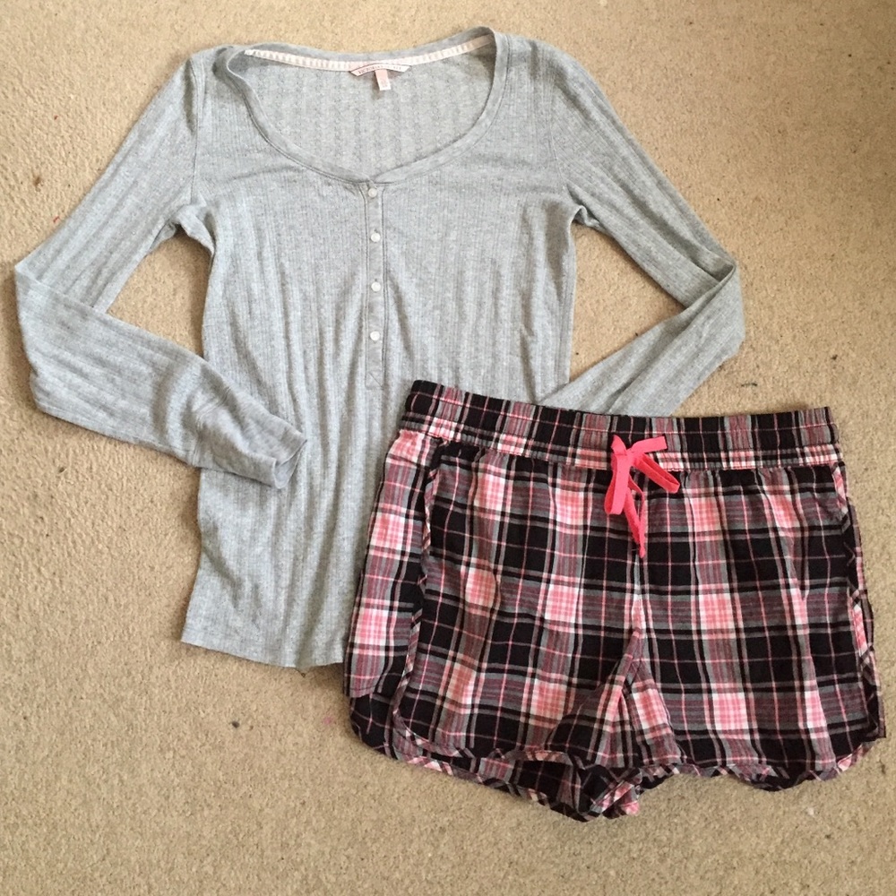 VS Gray Long Sleeve and Pink & Black Pajama Shorts