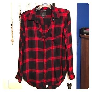 Navy and red plaid flannel shirt