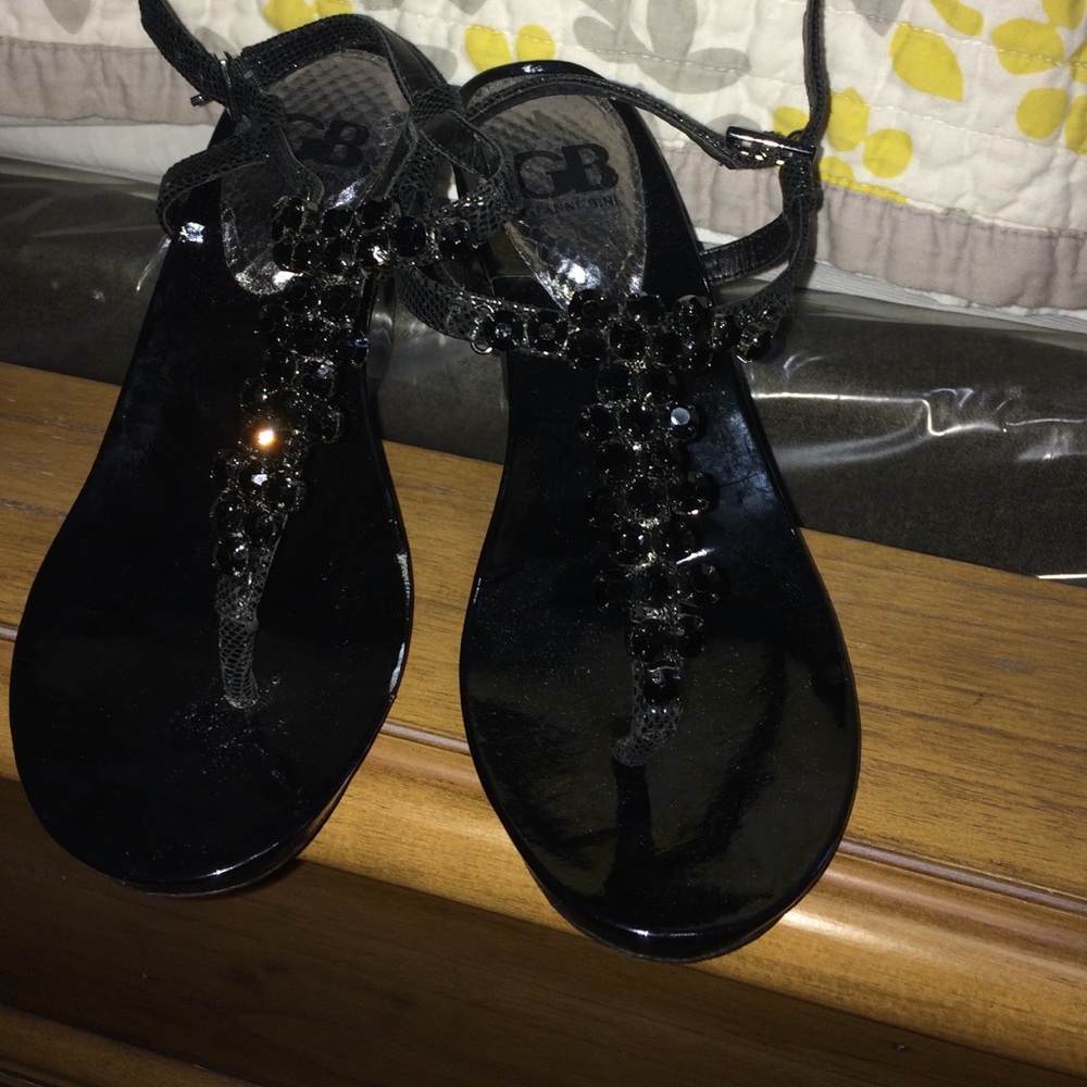 Black jeweled sandals with small 2-3 inch heel