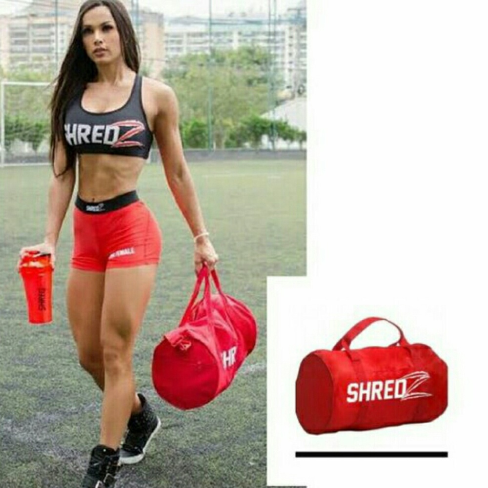 SHREDZ red shaker cup and red duffle bag