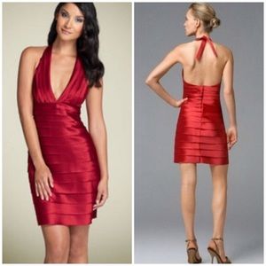 BCBG Max Azria Red V Neck Halter Dress
