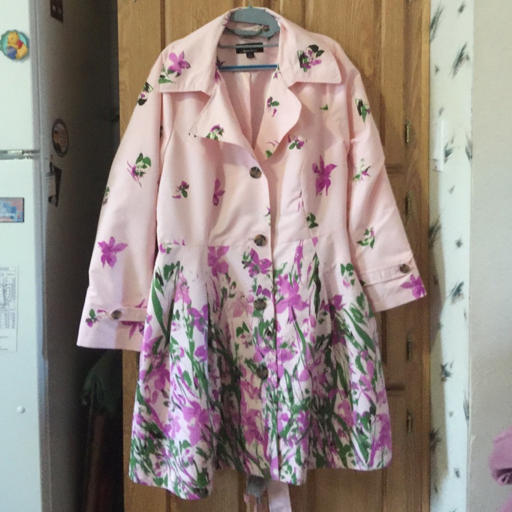 Dennis Basso raincoat, spring pink floral, size 1X