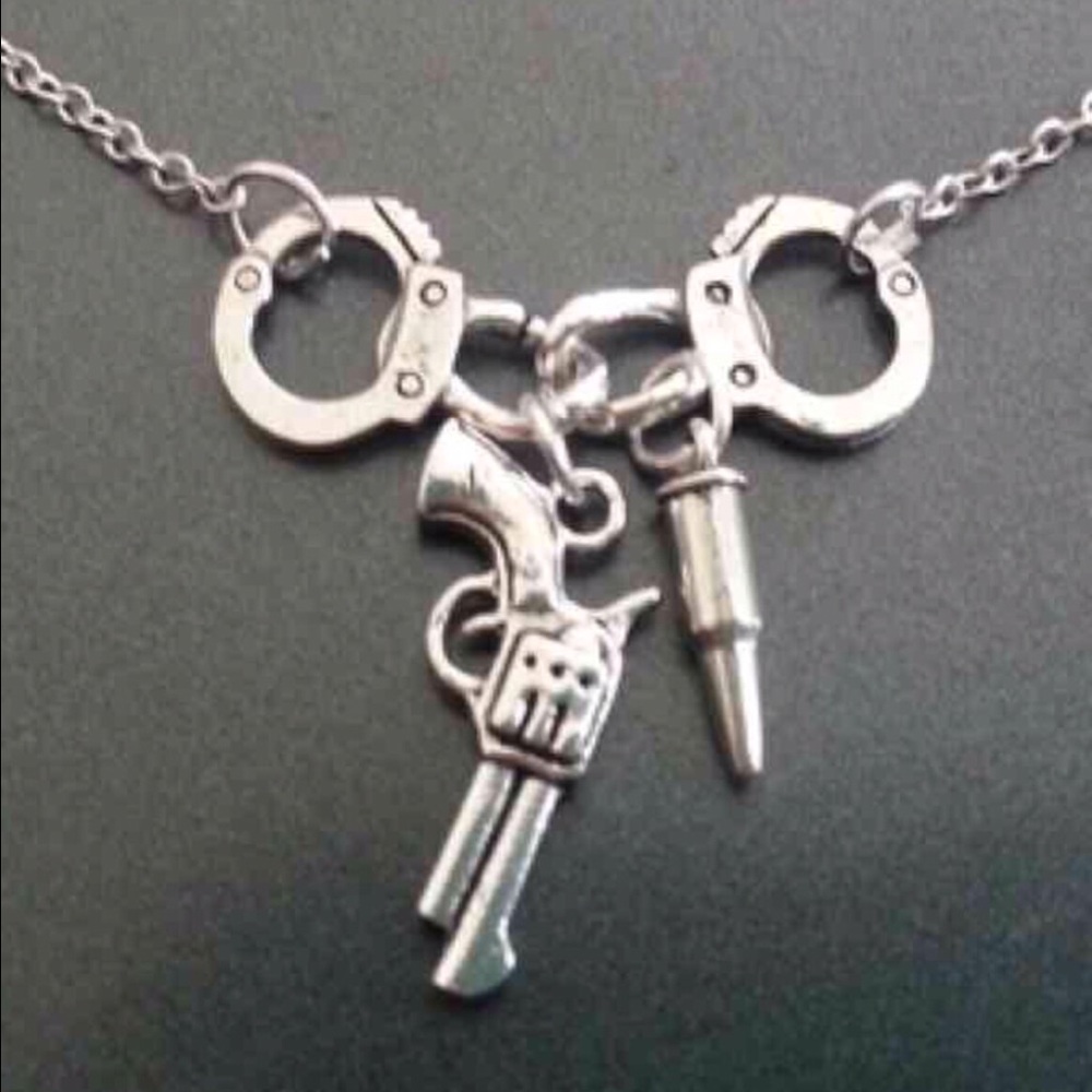 Bad Bit**,Handcuffs,Pistol&Bullet Charm Necklace