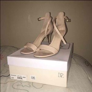BP nude open toe ankle strap heels