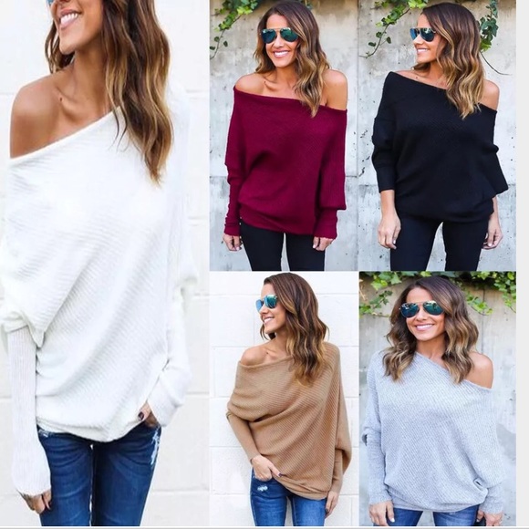 Camel Off Shoulder Ribbed Batwing Top - Picture 2 of 5