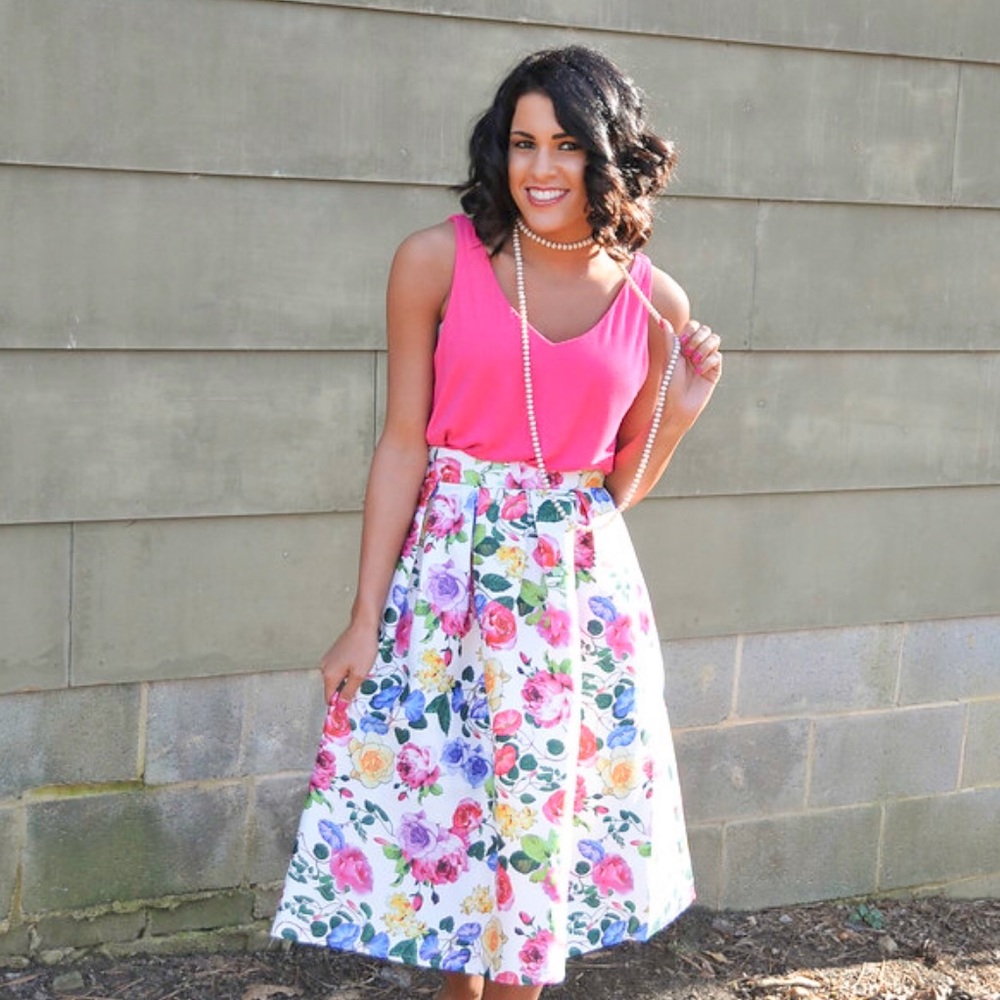 White Multicolored Floral A-Line Pleated Skirt!