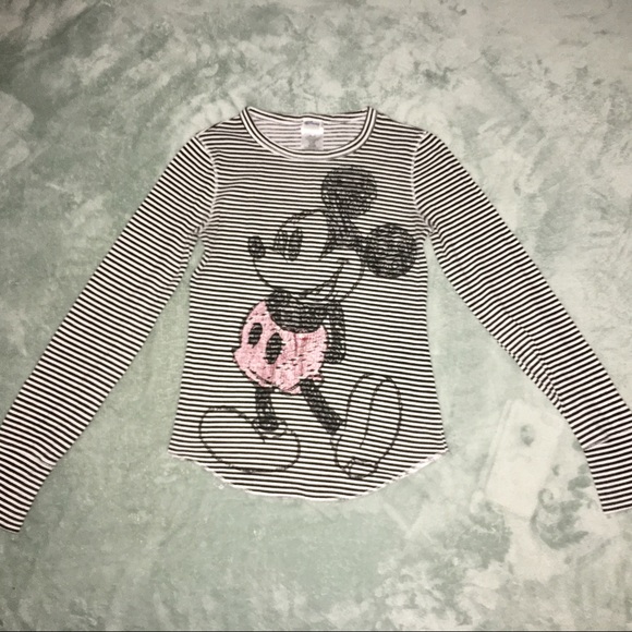 Disney Micky Mouse Top Waffle Knit Black White Striped Girls Size Medium Shirt - Picture 3 of 6