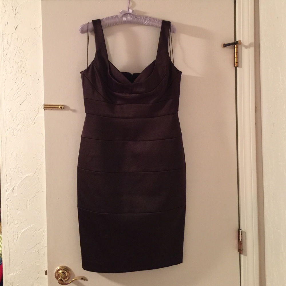 Brown satin fitted knee length dress