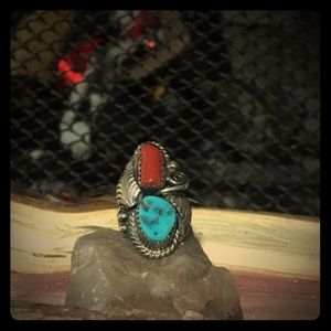 Turquoise and Coral Ring 42