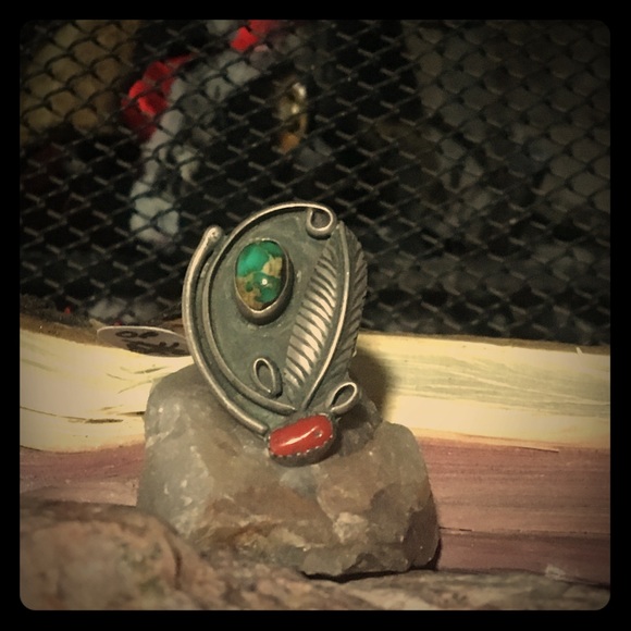 Turquoise & Coral Ring Signed, Native American 41 - Picture 1 of 4