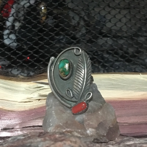 Turquoise & Coral Ring Signed, Native American 41 - Picture 4 of 4