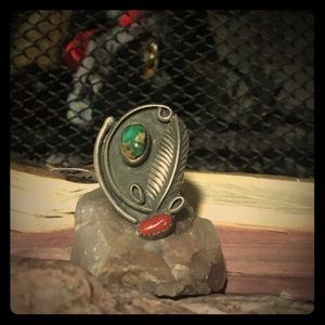 Turquoise & Coral Ring Signed, Native American 41
