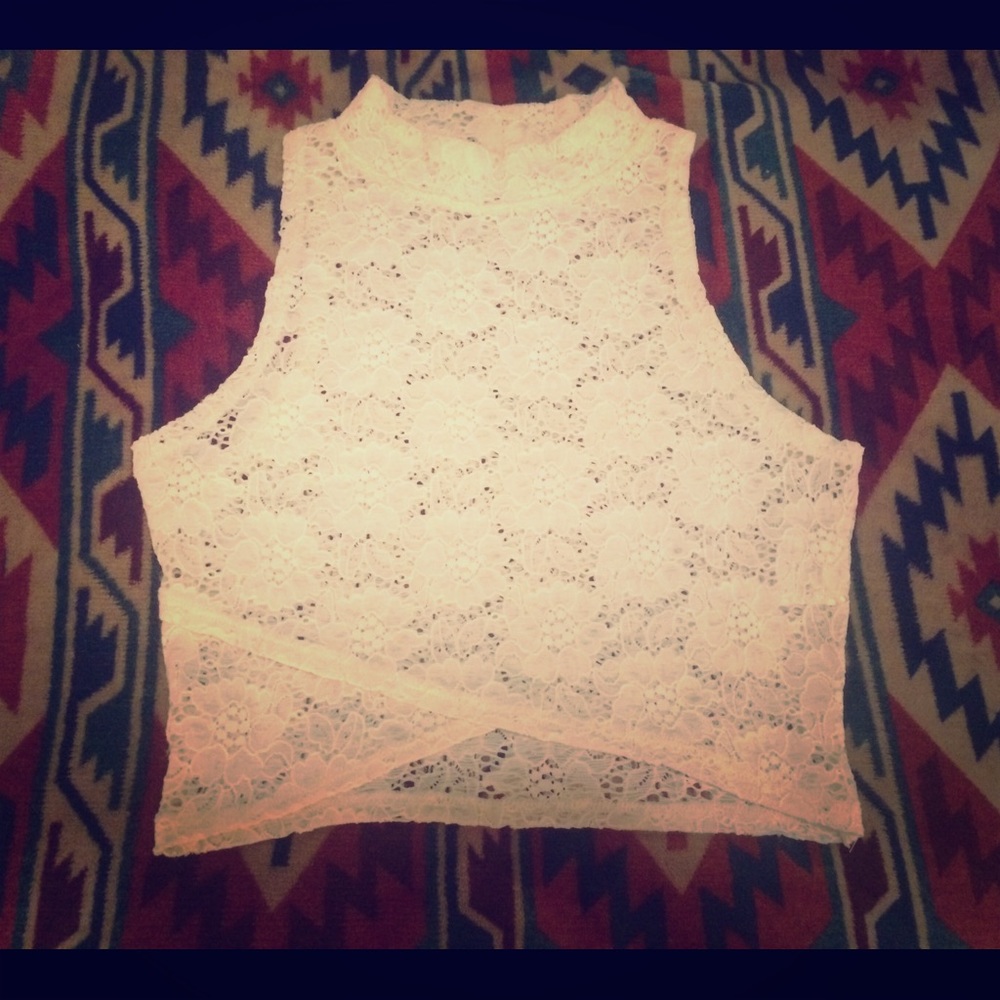 Pearl street lace mock neck white crop top